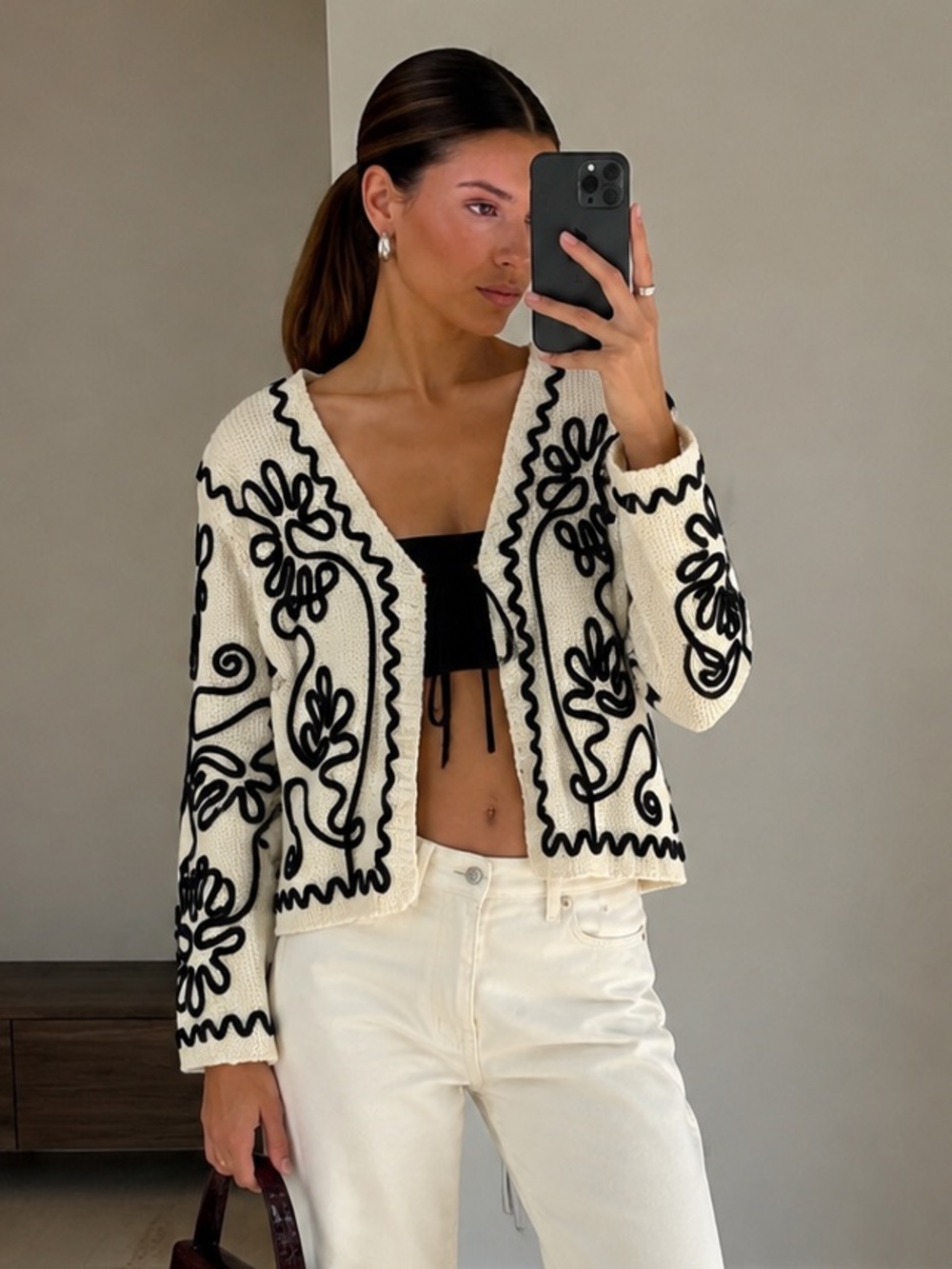 LINE Sable Cardigan Sweater Cream Black Embroidered Cotton Knit Size M NWT